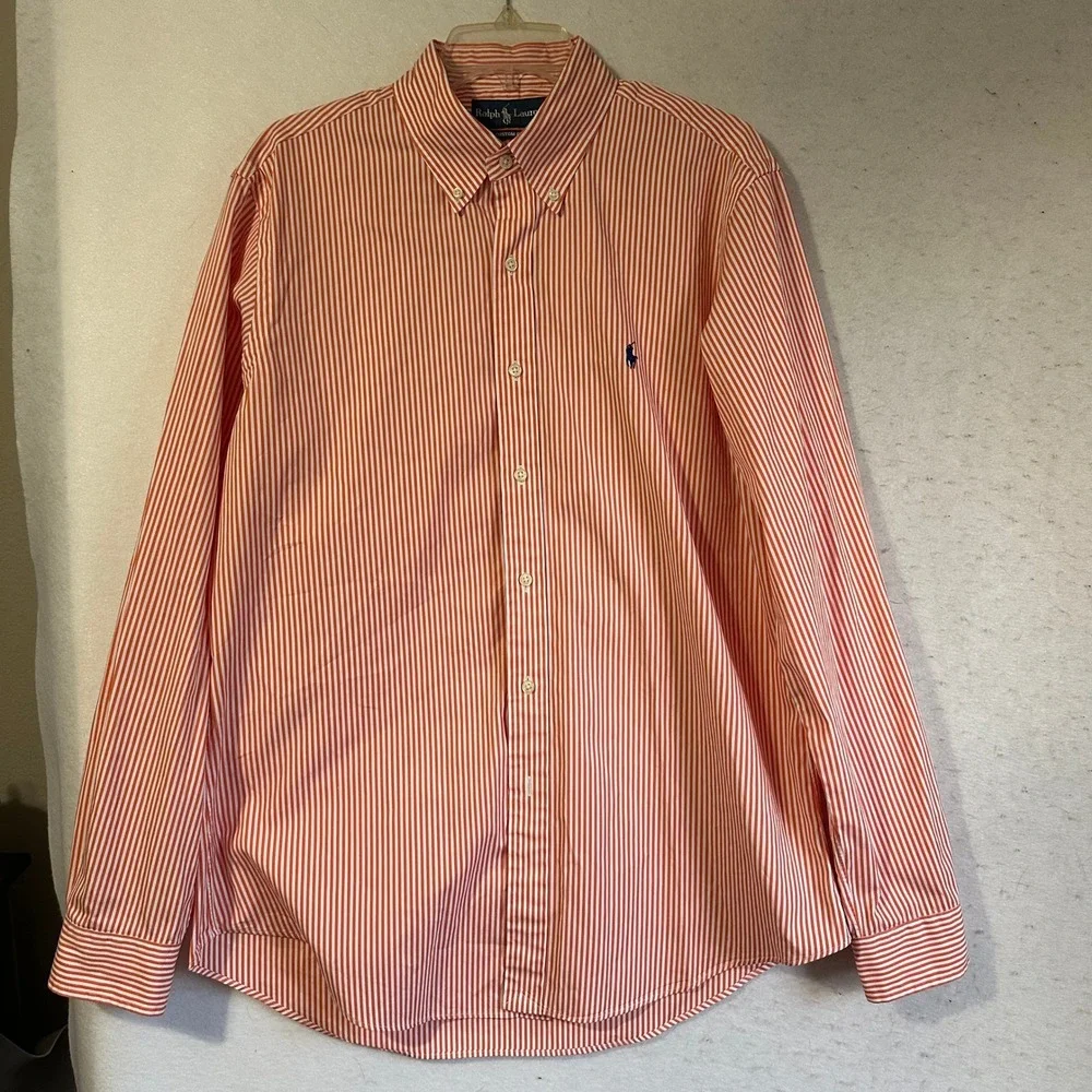 Ralph Lauren Custom Fit Mens Large Orange White Striped Button Down Shirt Cotton